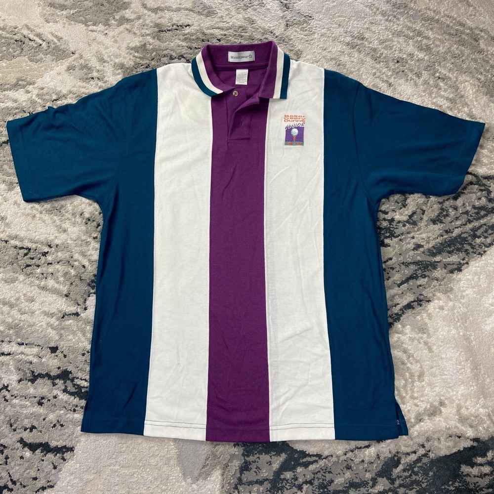 Vintage Munsingwear 90s Polo Shirt Sz L Blue Striped Baker Geary Dunne Golf Tour
